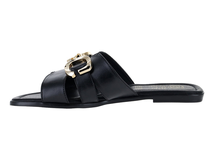 Sandalias negras para mujer con hebilla dorada y diseño de tiras.
