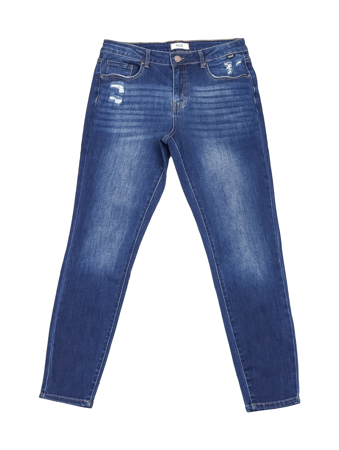 Mujer vistiendo pantalones skinny jeans de color azul oscuro con detalles desgastados.