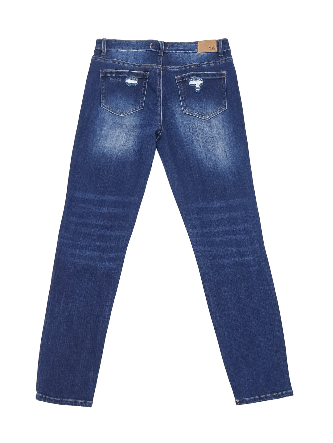 Mujer vistiendo pantalones skinny jeans de color azul oscuro con detalles desgastados.