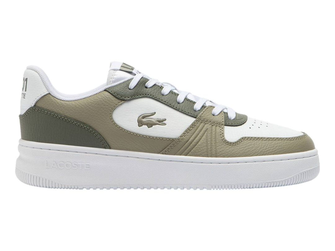 Tenis Lacoste en colores blanco y caqui con suela blanca y logotipo del cocodrilo en el lateral.
