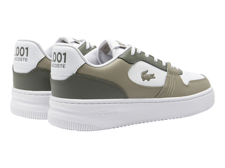 Tenis Lacoste en colores blanco y caqui con suela blanca y logotipo del cocodrilo en el lateral.