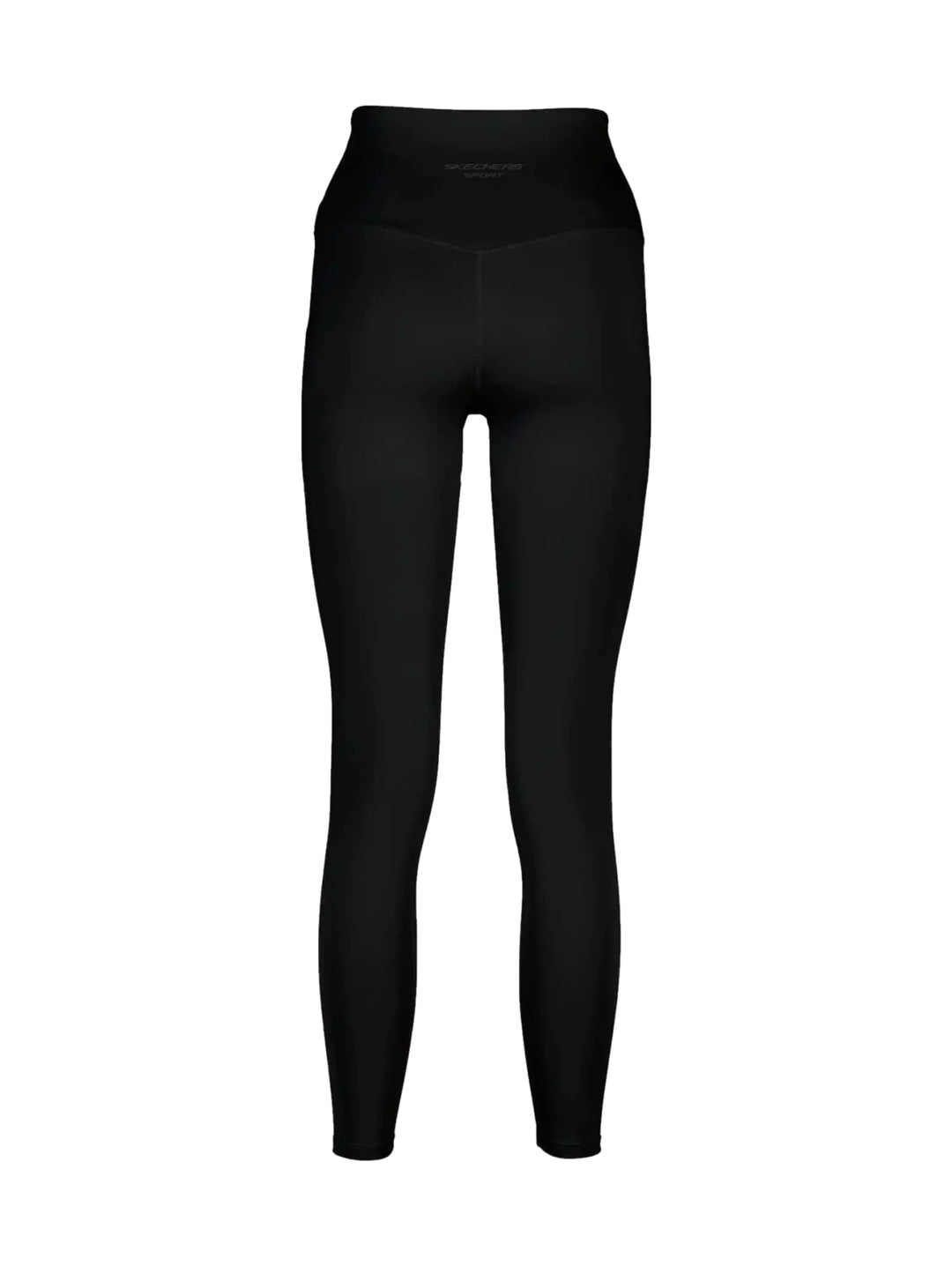 Mujer vistiendo leggings deportivos de color negro marca Skechers, ajustados al cuerpo y de talle alto.