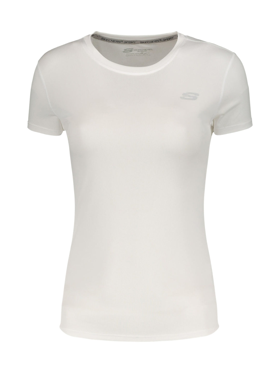 Playera deportiva blanca de manga corta y cuello redondo de la marca Skechers.