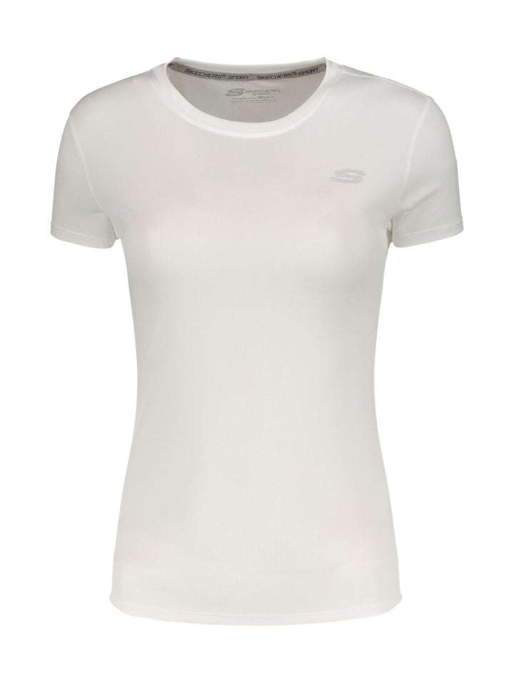 Playera deportiva blanca de manga corta y cuello redondo de la marca Skechers.