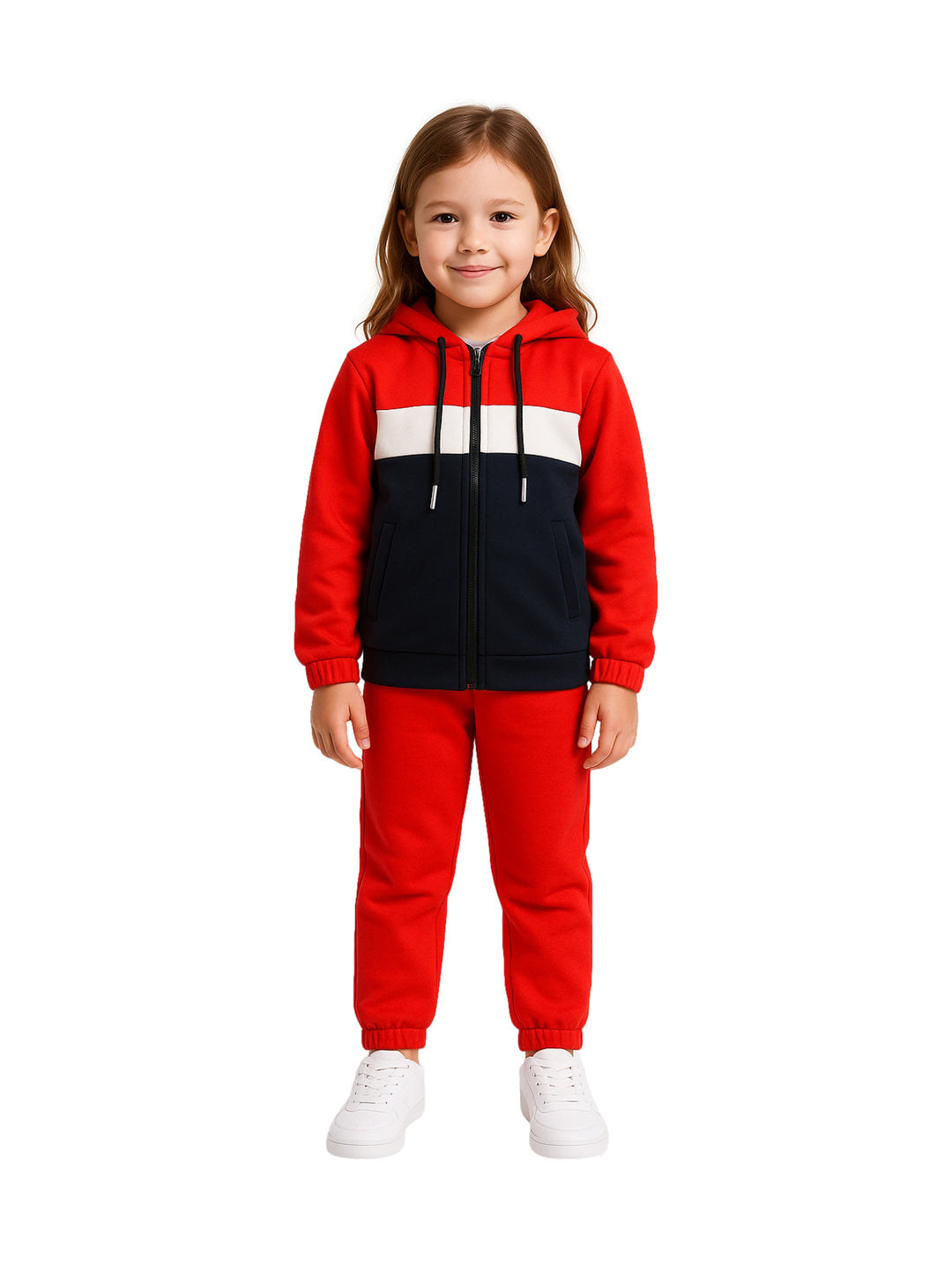 Conjunto deportivo para niña con sudadera roja y azul marino con franja blanca y pantalón rojo.