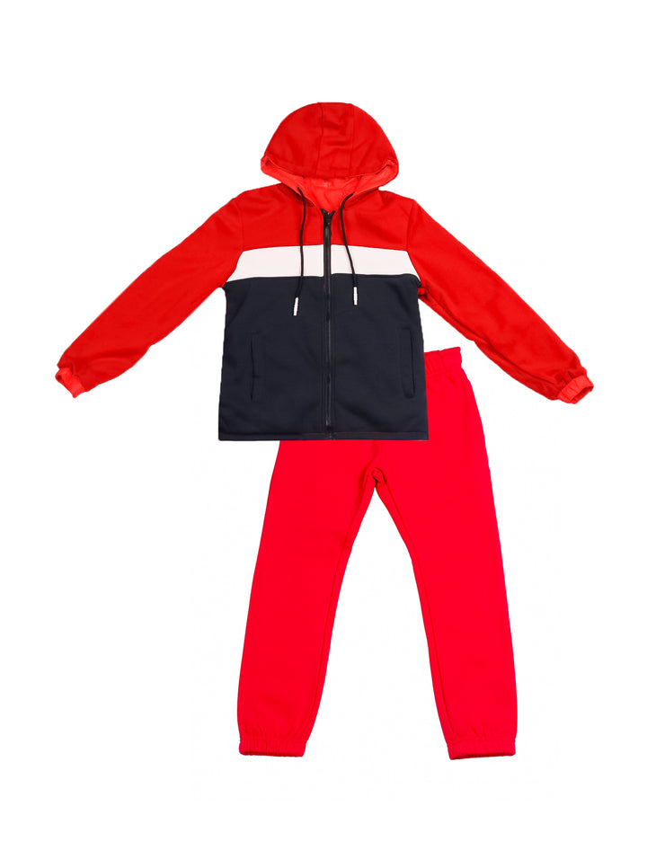 Conjunto deportivo para niña con sudadera roja y azul marino con franja blanca y pantalón rojo.