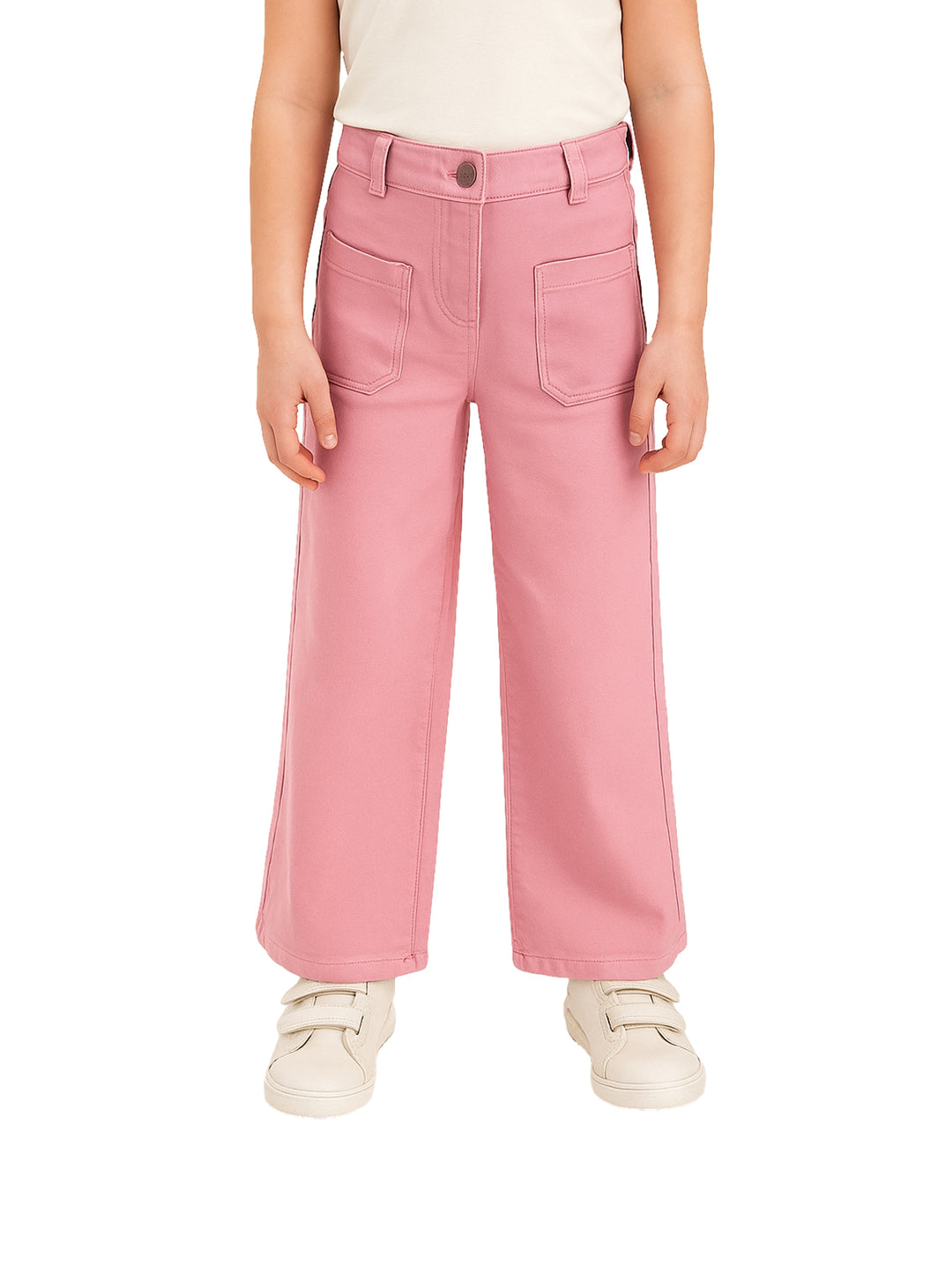 Pantalón rosa de pierna ancha para niña con bolsillos frontales y corte recto.