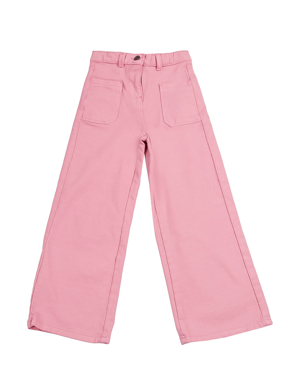 Pantalón rosa de pierna ancha para niña con bolsillos frontales y corte recto.