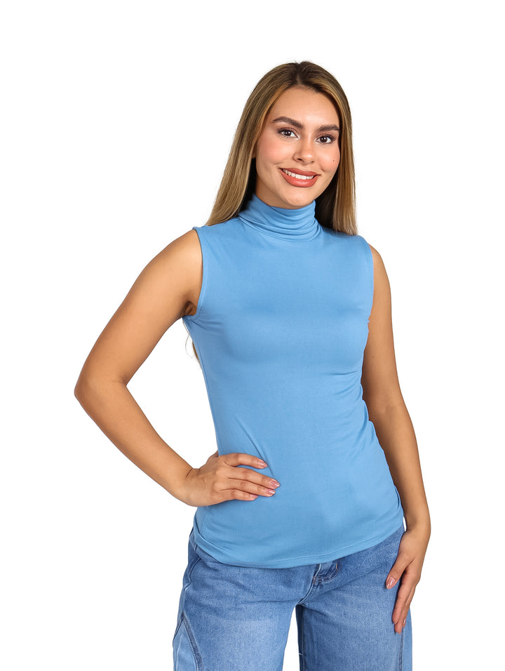Blusa Exotica Cuello Alto Azul Denim para Mujer