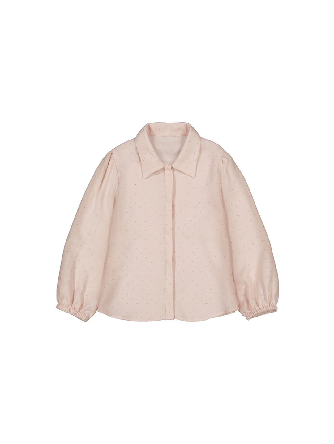 Blusa para niña en color rosa pastel con cuello, botones frontales y mangas largas abullonadas.