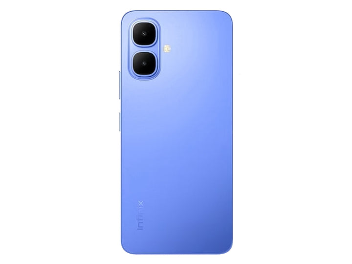 Vista frontal y trasera de un teléfono celular Infinix de color azul sobre fondo blanco.