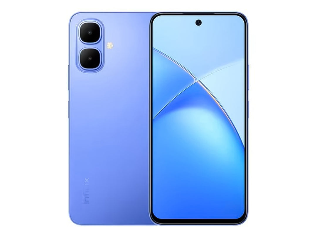 Vista frontal y trasera de un teléfono celular Infinix de color azul sobre fondo blanco.