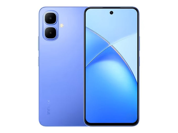 Vista frontal y trasera de un teléfono celular Infinix de color azul sobre fondo blanco.