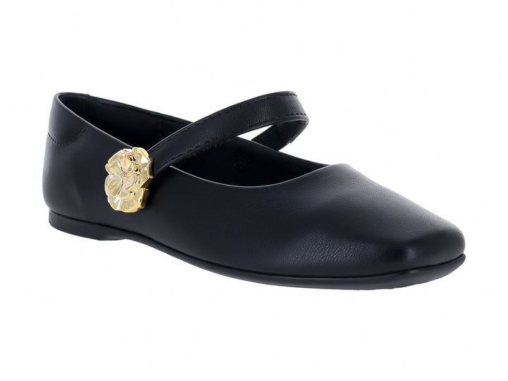 Zapato plano negro para Niña con correa y detalle floral dorado.