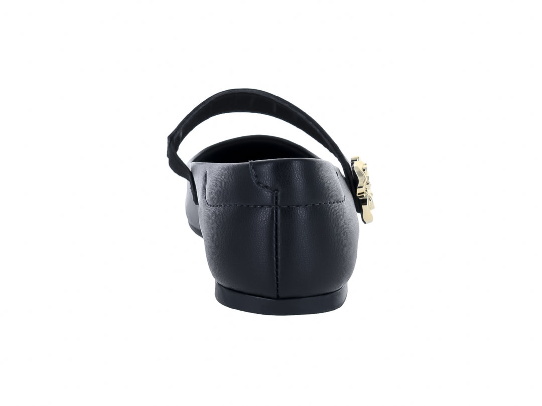 Zapato plano negro para Niña con correa y detalle floral dorado.