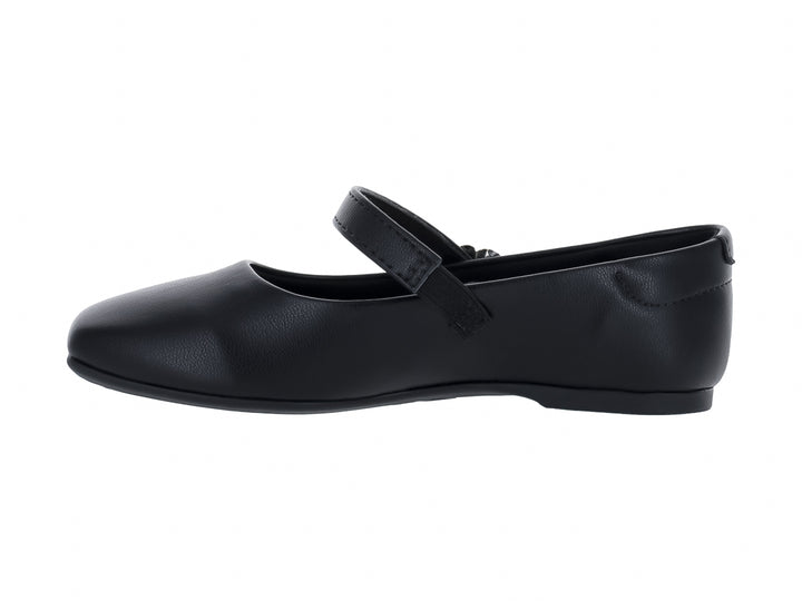 Zapato plano negro para Niña con correa y detalle floral dorado.