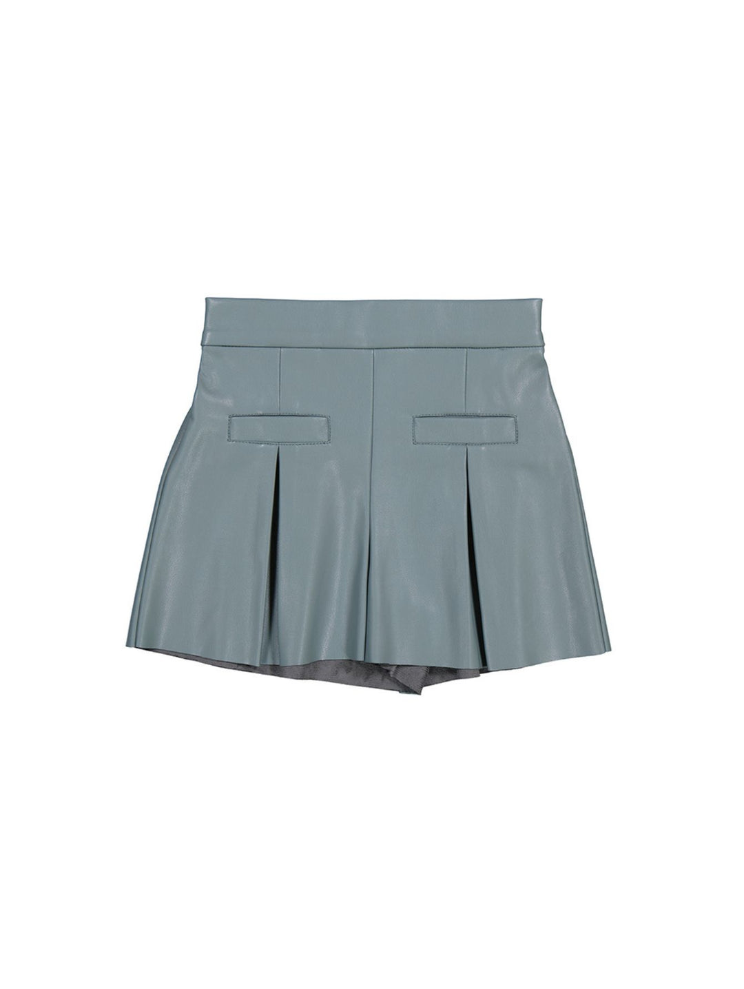 Short tipo falda para niña en color verde salvia de material sintético con pliegues.
