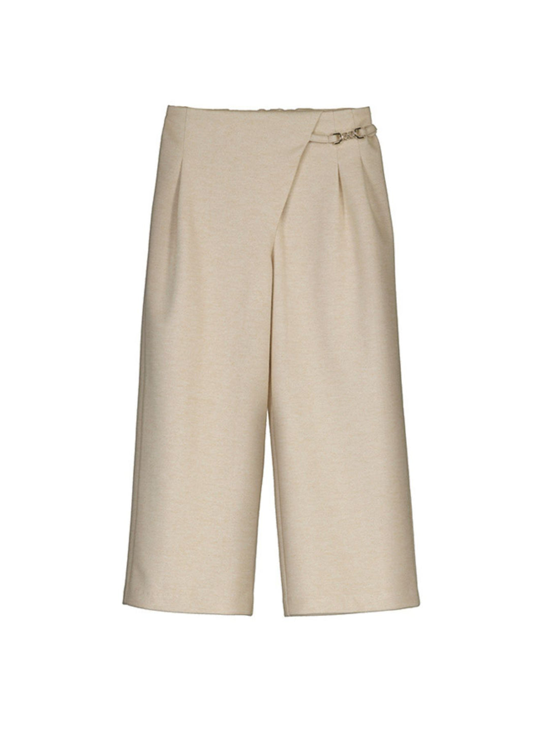 Pantalón ancho color beige para niña con diseño de cintura cruzada y detalle decorativo.