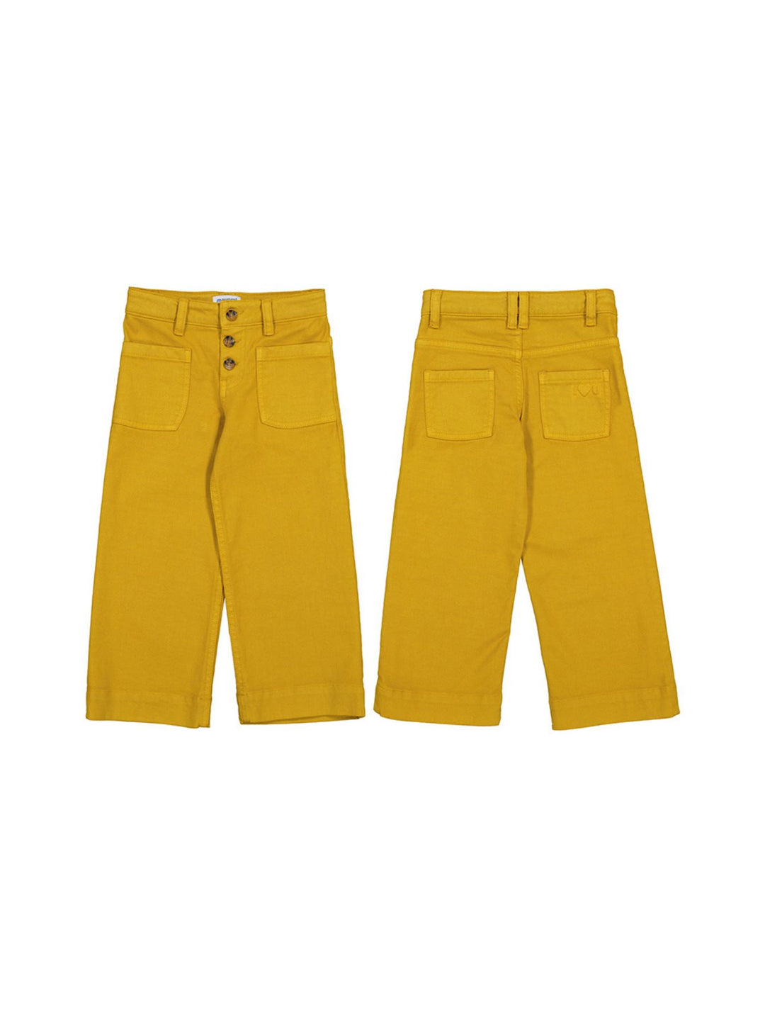 Pantalón de sarga color mostaza para niña con vista frontal y posterior