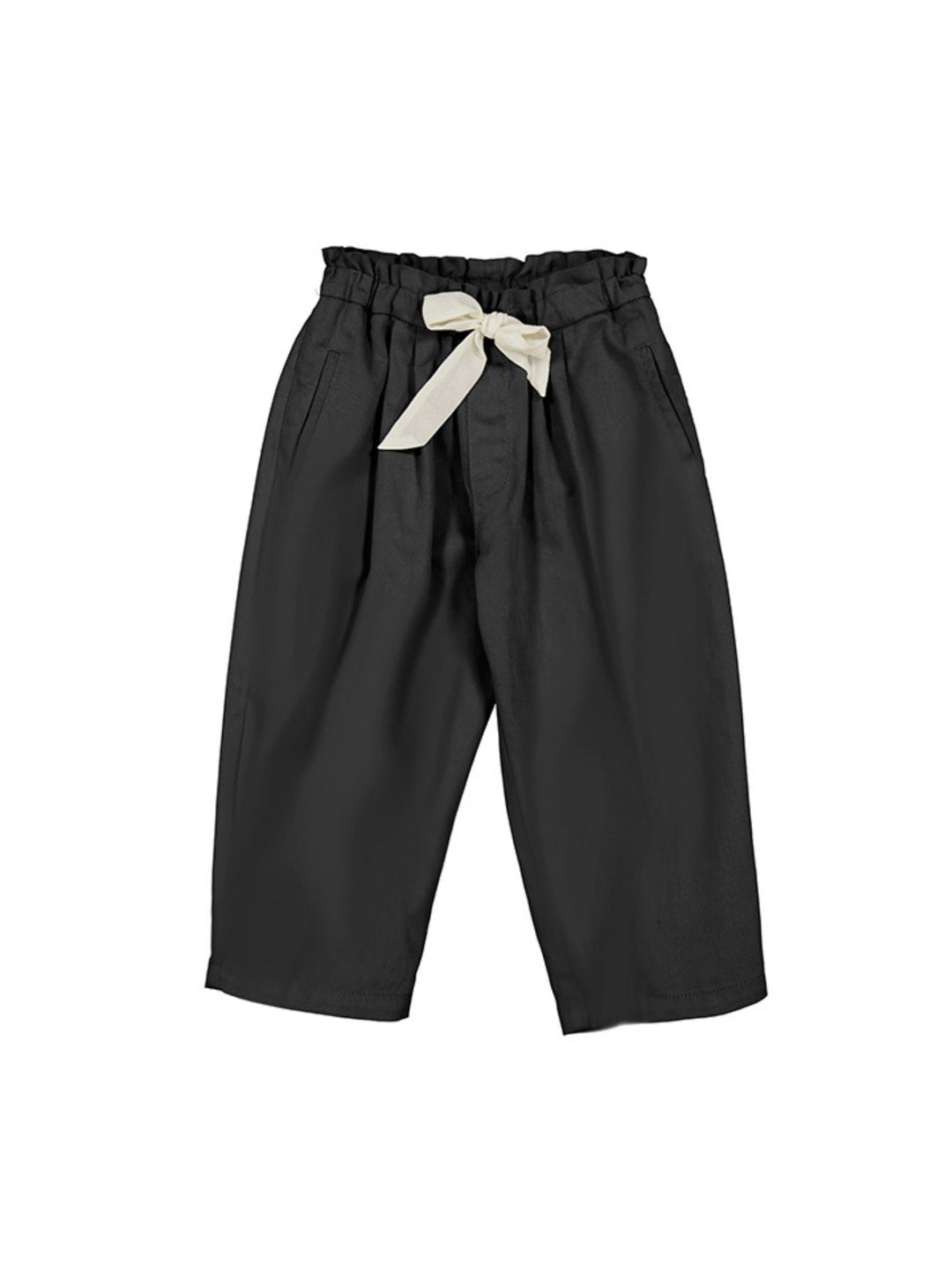 Pantalón negro para niña con moño color crema en la cintura.
