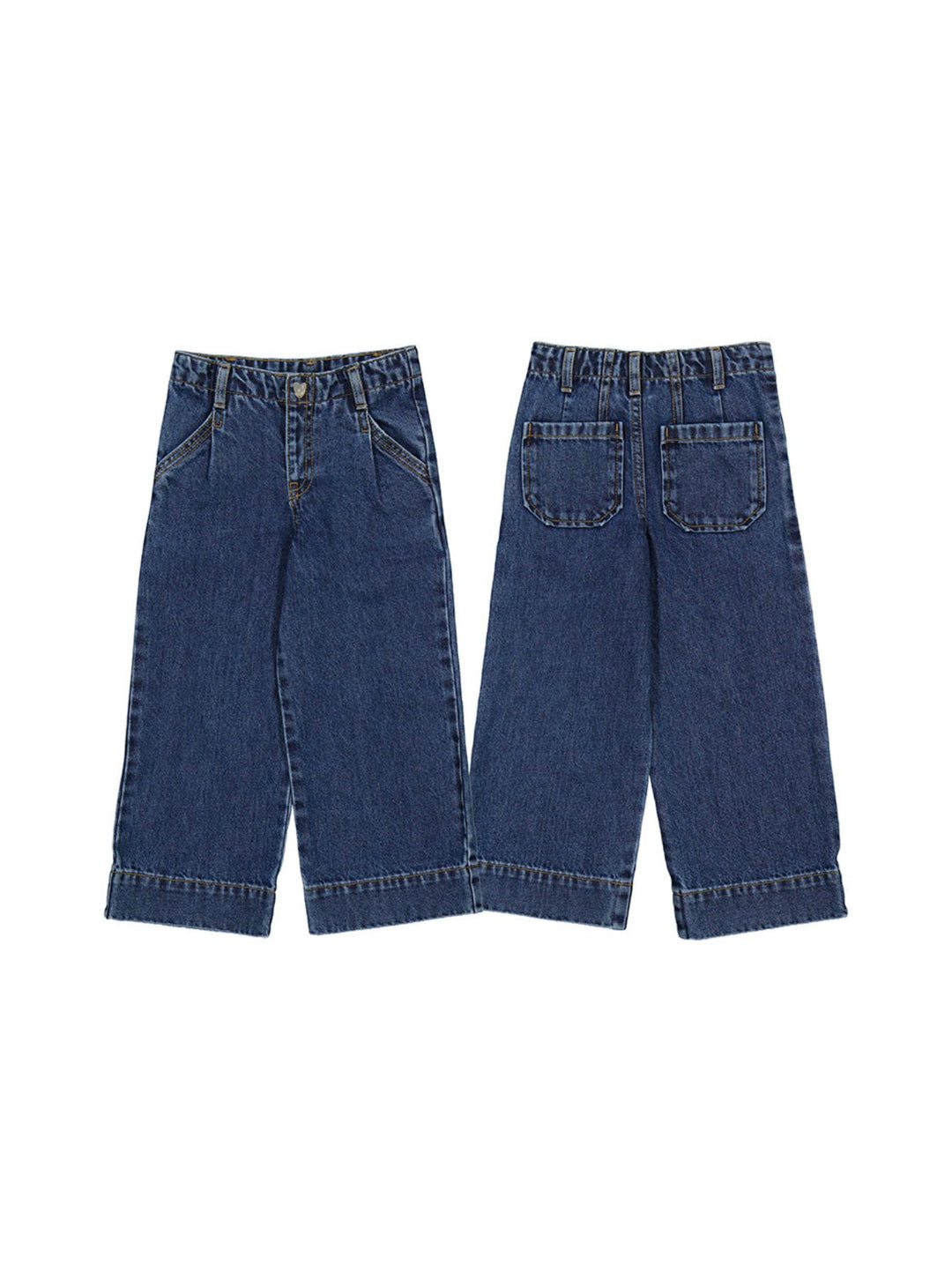 Pantalón de mezclilla azul oscuro para niña con pierna ancha, vista frontal y posterior.