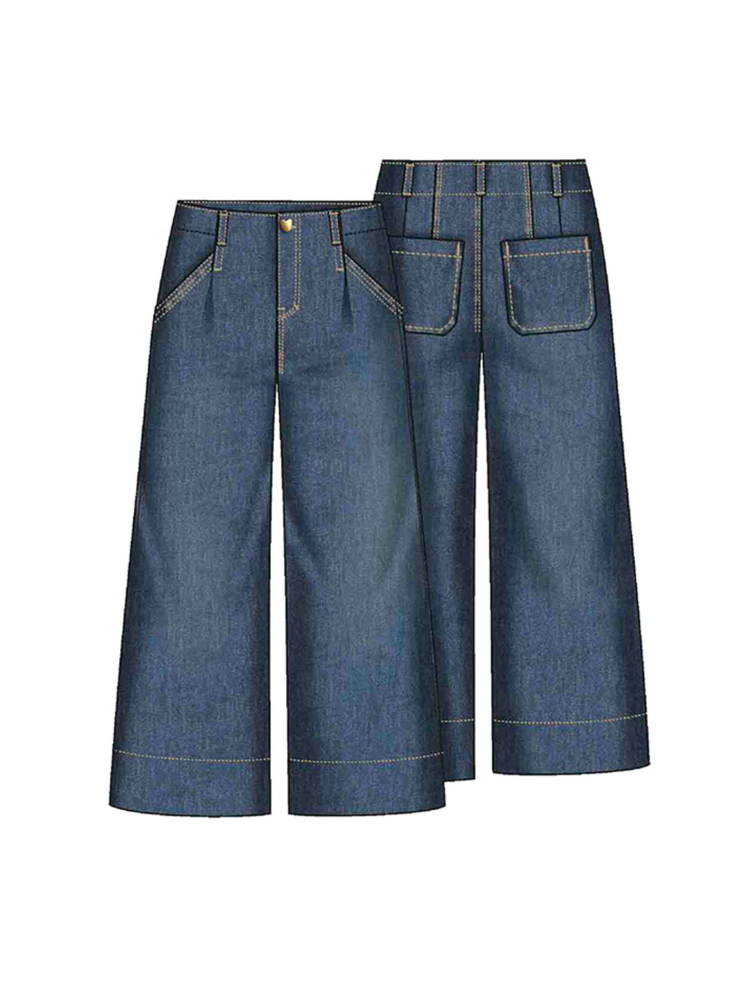 Pantalones de mezclilla azul de pierna ancha para niña con costuras amarillas contrastantes.