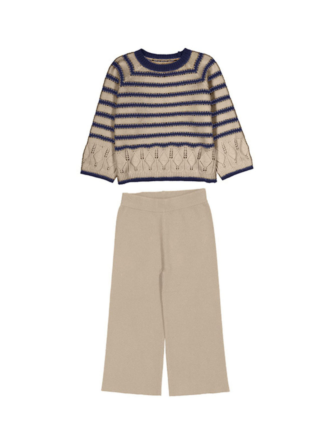 Conjunto de ropa para niña Mayoral con suéter a rayas beige y azul marino y pantalones anchos beige.