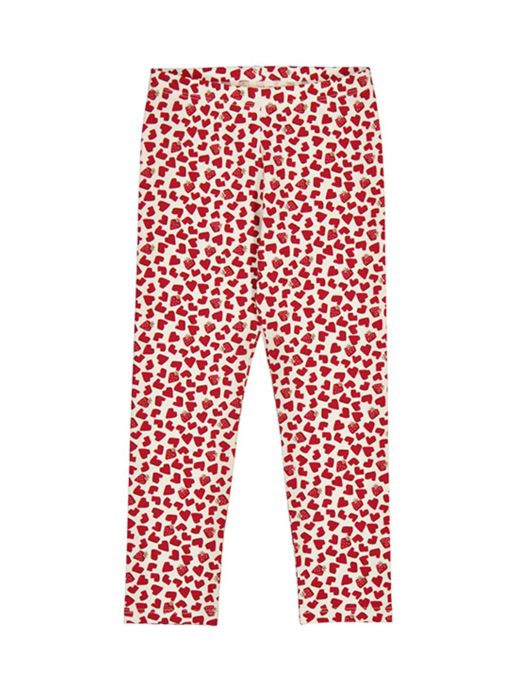 Leggings infantiles color crema con estampado de pequeños corazones rojos