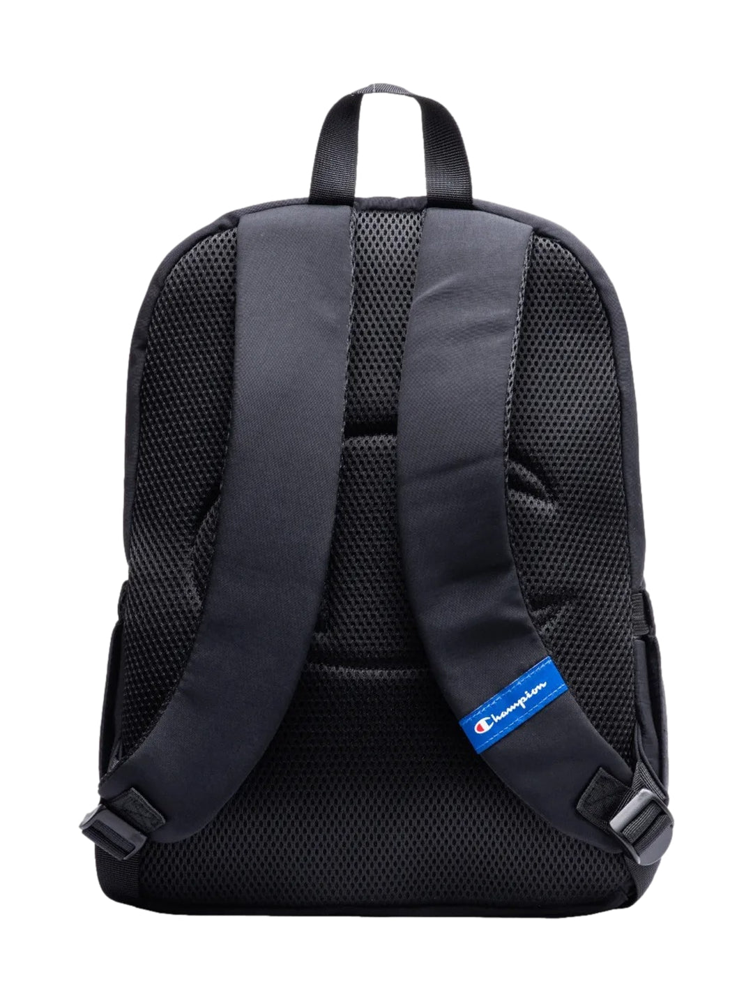 Mochila escolar Champion de color negro con bolsillo frontal y logotipos de la marca.
