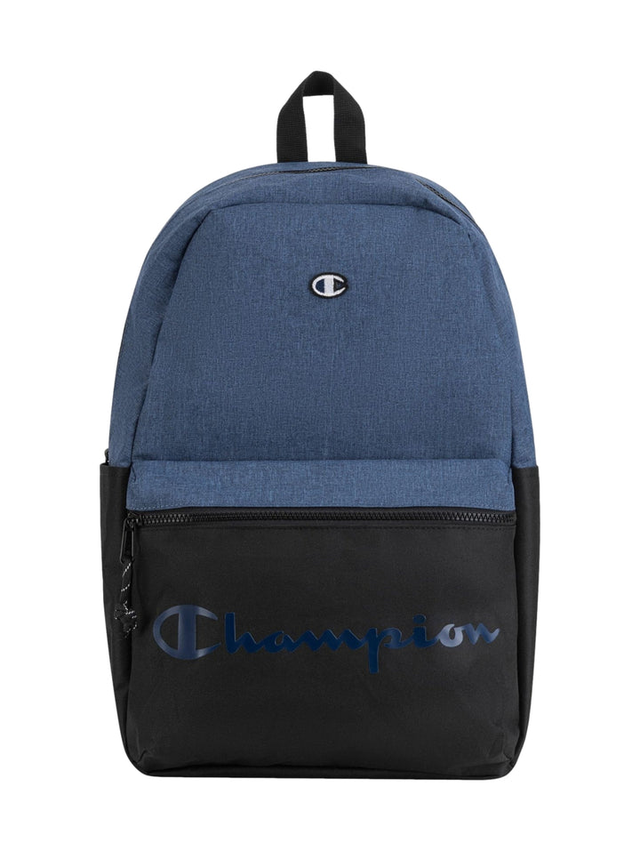 Mochila escolar Champion en colores azul marino y negro con logotipo frontal.