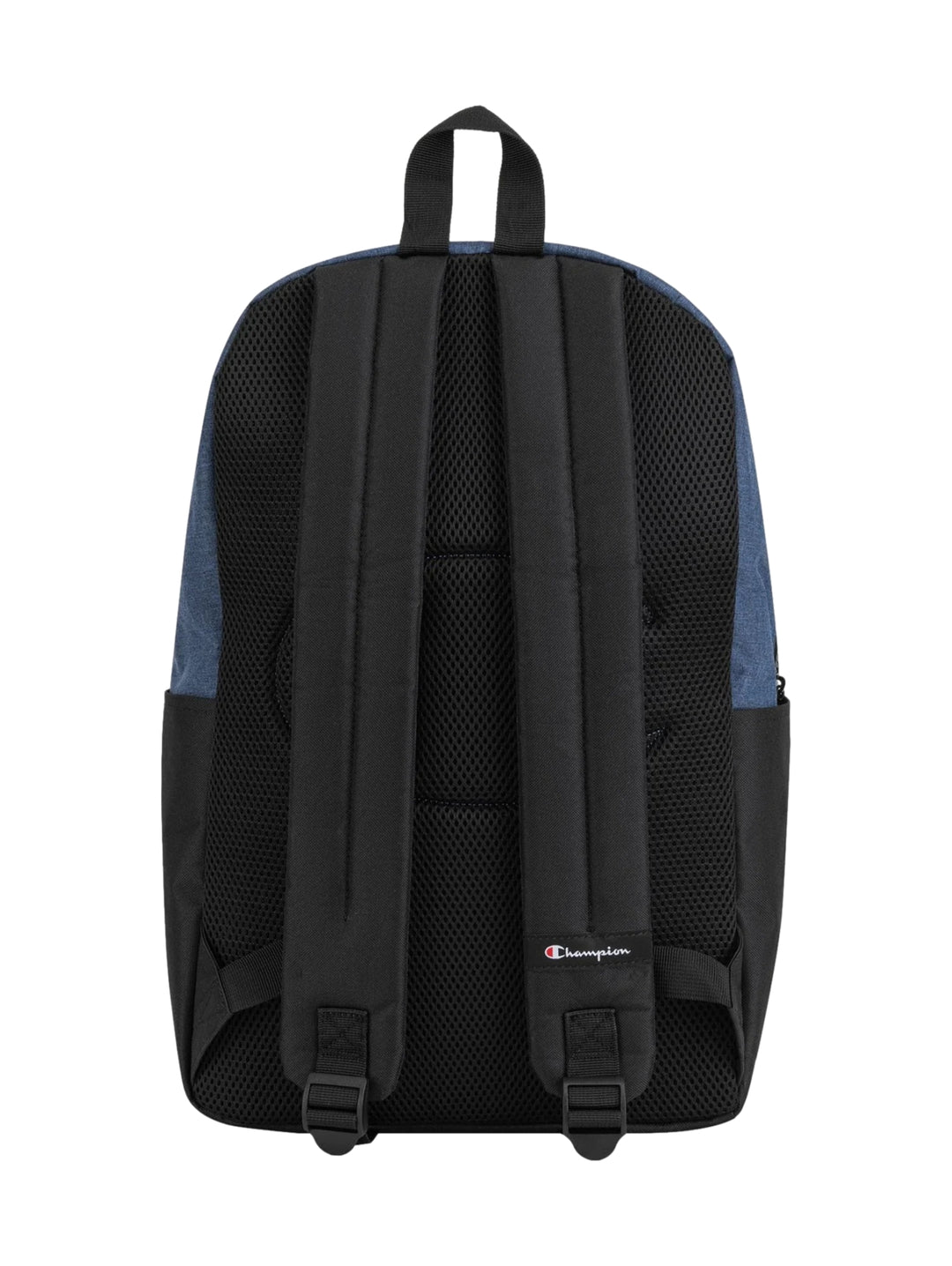 Mochila escolar Champion en colores azul marino y negro con logotipo frontal.