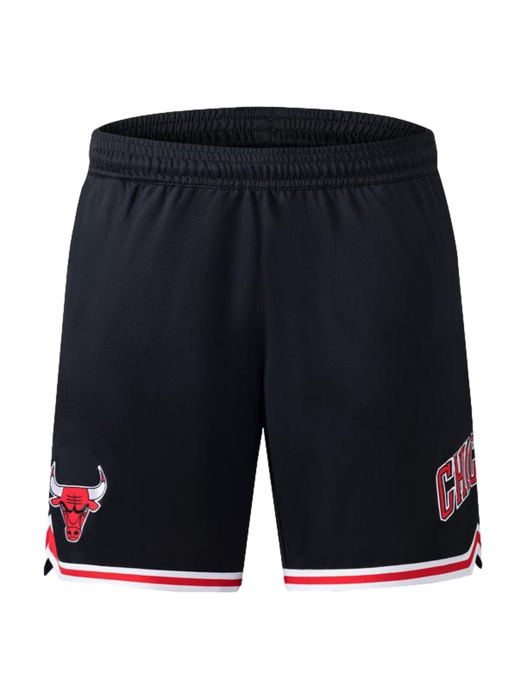 Shorts deportivos negros de la NBA con detalles en rojo y blanco y logo de los Chicago Bulls.