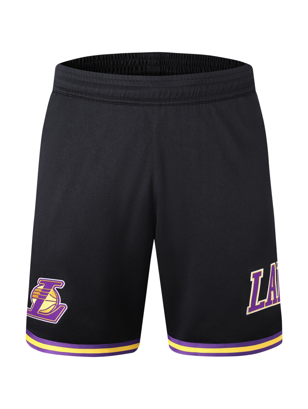 Short deportivo negro de la NBA con franjas moradas y amarillas y logo de los Lakers.