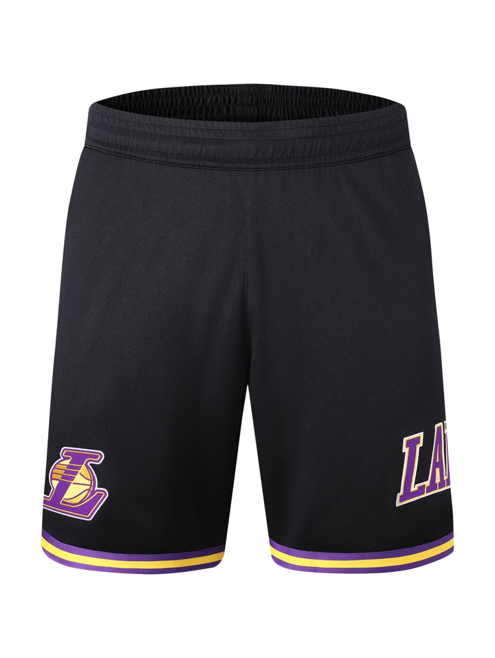 Short deportivo negro de la NBA con franjas moradas y amarillas y logo de los Lakers.