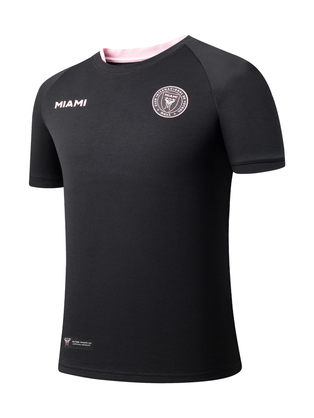 Camiseta deportiva negra de manga corta con el escudo del Inter Miami CF en el pecho.