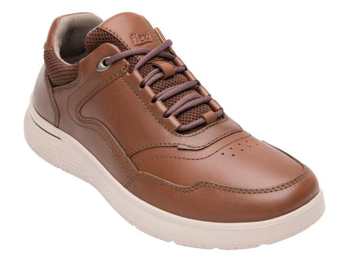 Zapato casual Flexi color marrón con suela beige y cordones, vista lateral.