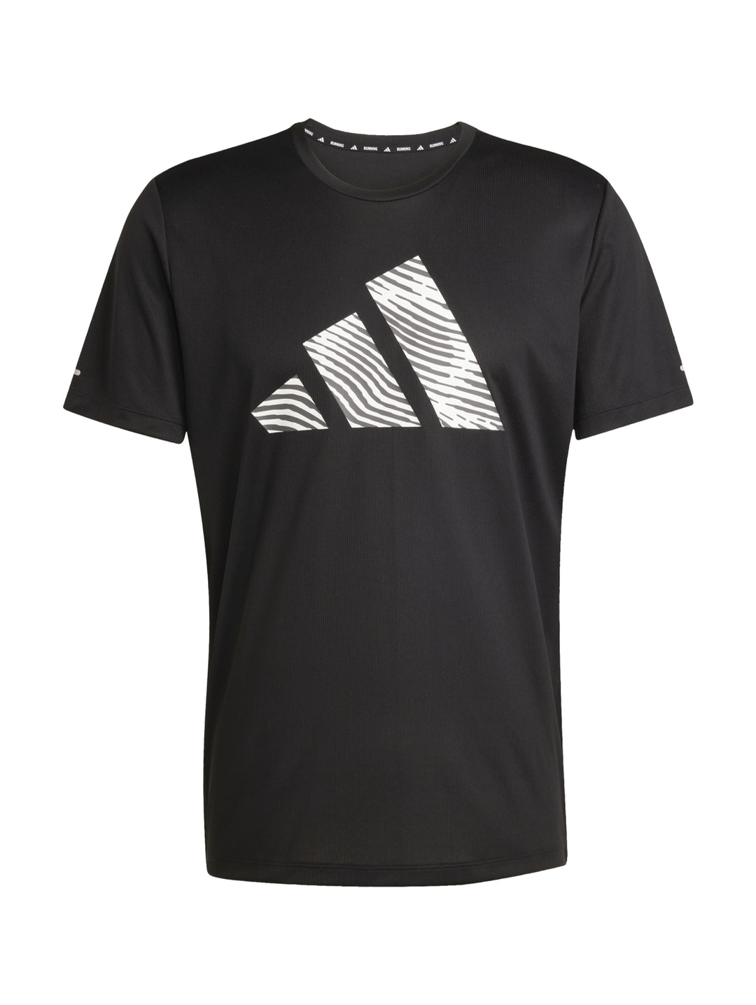 Camiseta deportiva negra de manga corta con logotipo blanco en el pecho.
