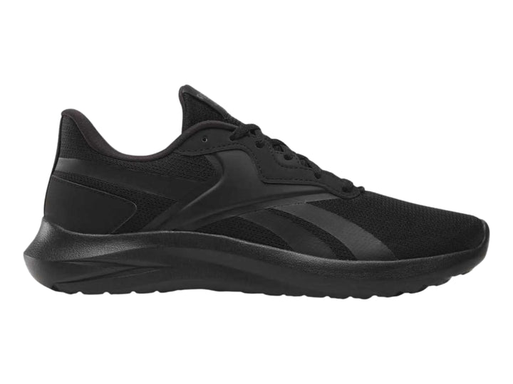 Tenis deportivos Reebok color negro con detalles en malla y suela negra.