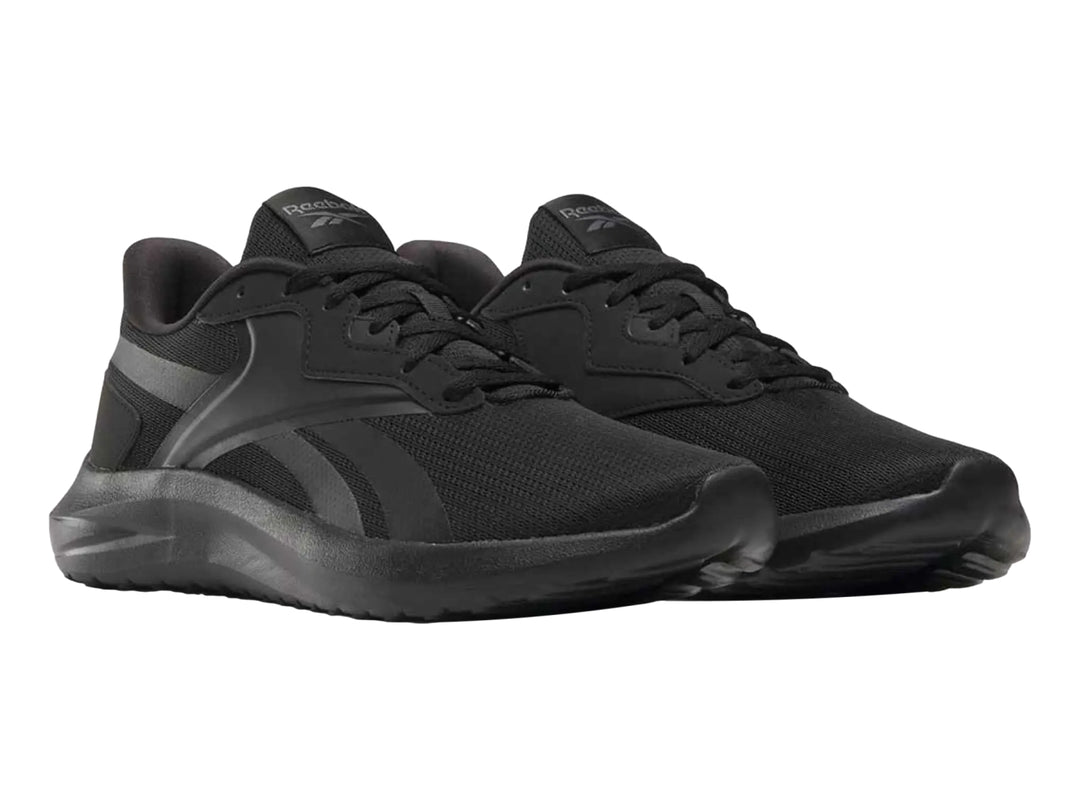 Tenis deportivos Reebok color negro con detalles en malla y suela negra.