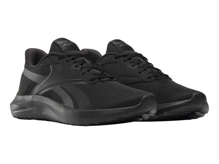 Tenis deportivos Reebok color negro con detalles en malla y suela negra.
