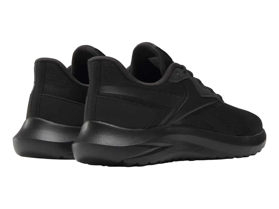 Tenis deportivos Reebok color negro con detalles en malla y suela negra.