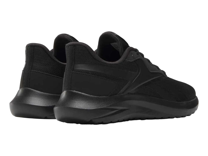 Tenis deportivos Reebok color negro con detalles en malla y suela negra.