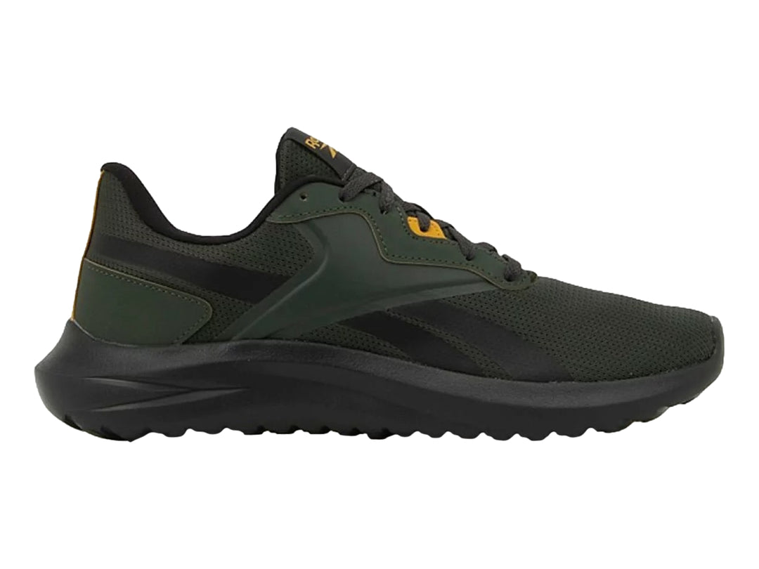 Tenis deportivos Reebok en color verde oscuro y negro con detalles en dorado.