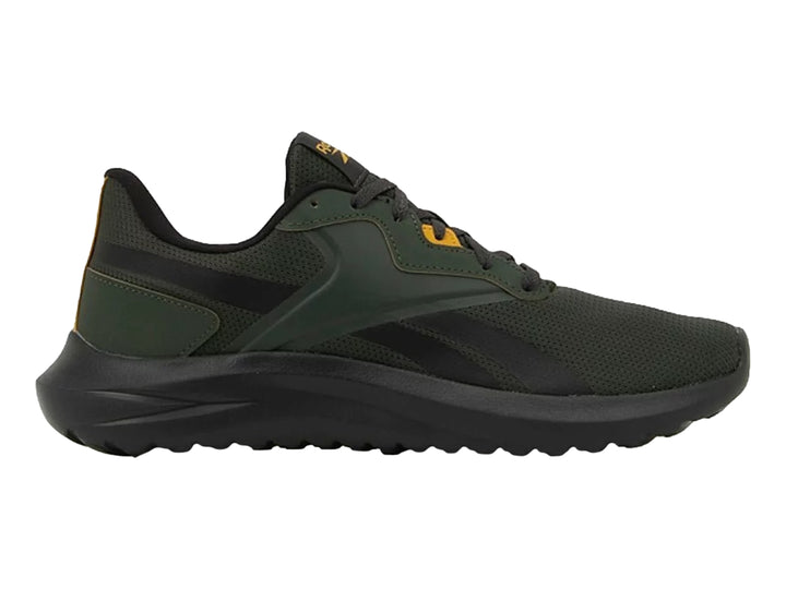 Tenis deportivos Reebok en color verde oscuro y negro con detalles en dorado.