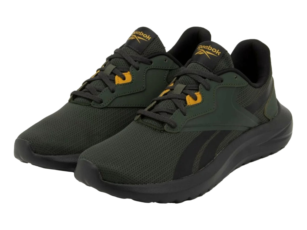Tenis deportivos Reebok en color verde oscuro y negro con detalles en dorado.