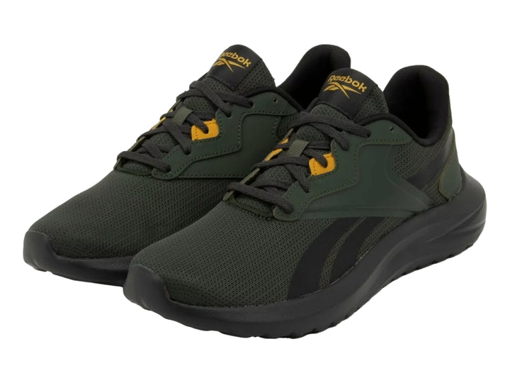 Tenis deportivos Reebok en color verde oscuro y negro con detalles en dorado.