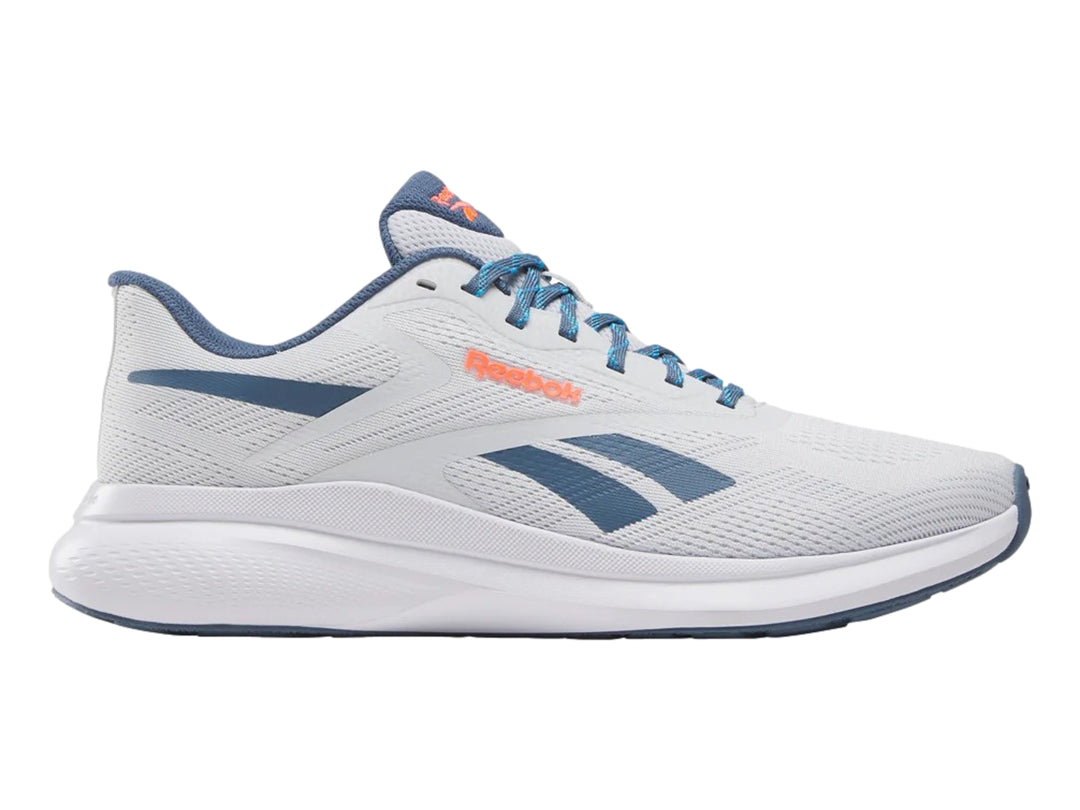 Tenis deportivos Reebok Energen Run 4 en color blanco con detalles en azul y naranja.