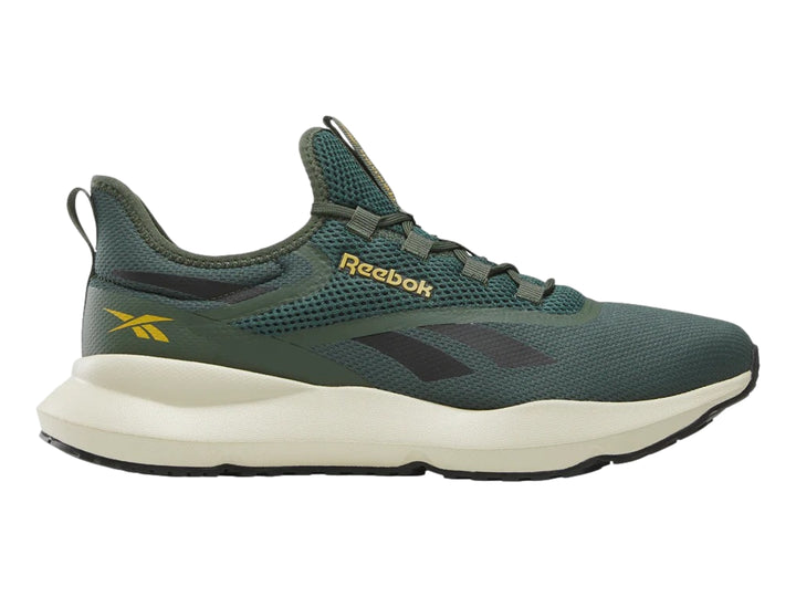 Tenis deportivos Reebok color verde con suela color crema y detalles en gris.