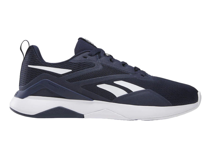 Tenis deportivos Reebok NanoFlex TR 2 en color azul marino con detalles y suela en blanco.