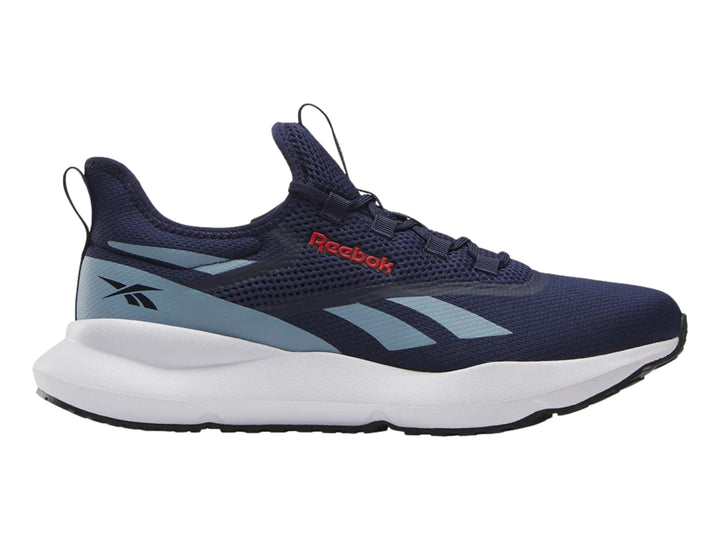 Tenis deportivos Reebok color azul marino con suela blanca y detalles en azul claro.